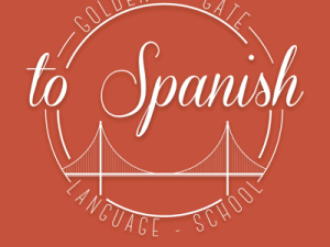 Logo of Golden Gate Spanish Language School with bridge illustration.