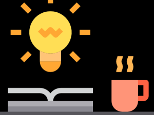 Illustration of a light bulb, book, and coffee cup symbolizing ideas and learning.